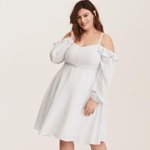 Blue White Striped Cold Shoulder Challis Dress